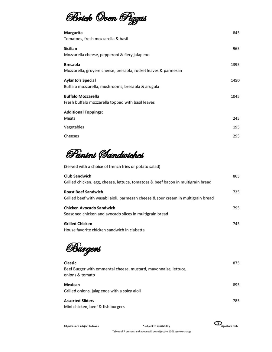 Cafe Aylanto Restaurant Karachi Menu